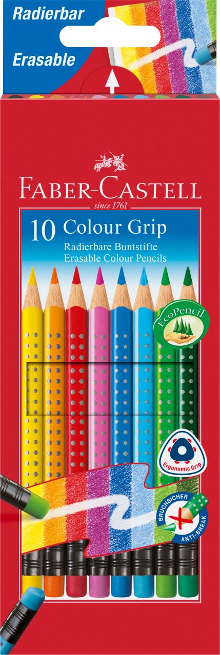 Faber-Castell - Colour Grip erasable colour pencils, wallet of 10