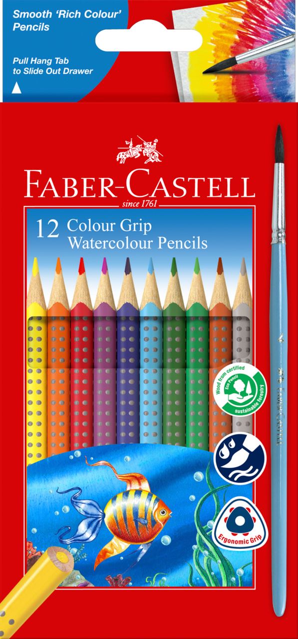 Faber-Castell - 12 Colour Grip + Brush, Watercolour Pencils