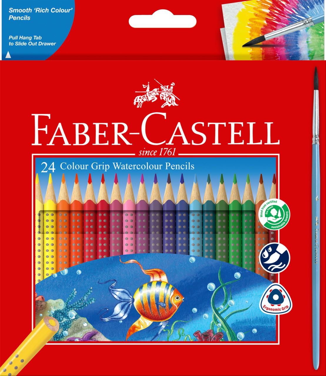 Faber-Castell - 24 Colour Grip + Brush Watercolour Pencils