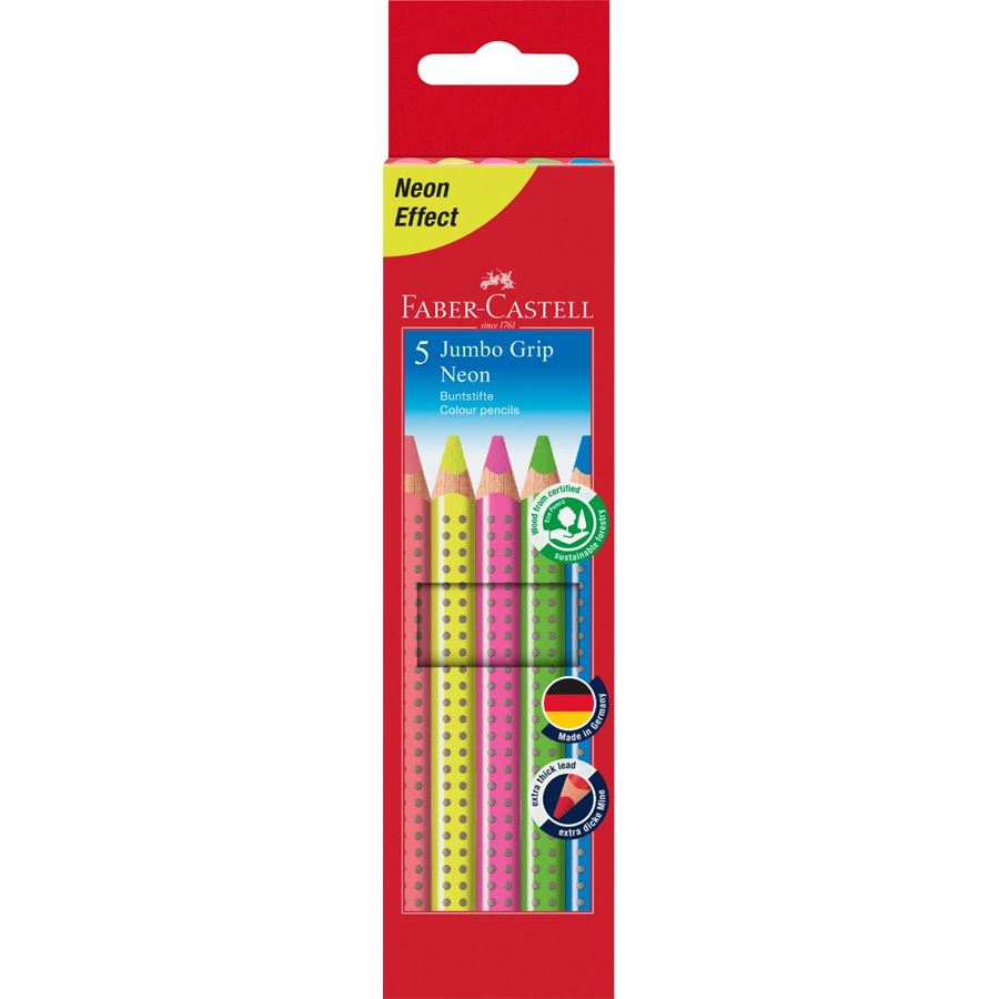 Faber-Castell - Jumbo Grip neon colour pencil, cardboard wallet of 5