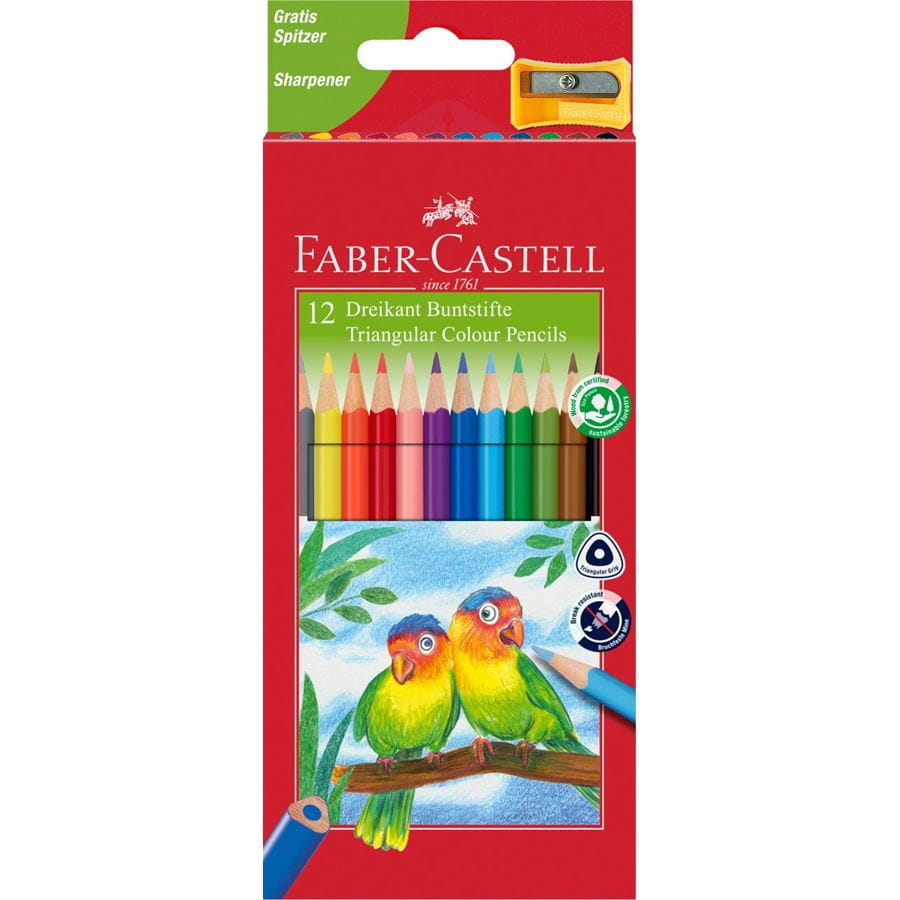 Faber-Castell - Triangular colour pencils, wallet of 12 with sharpener
