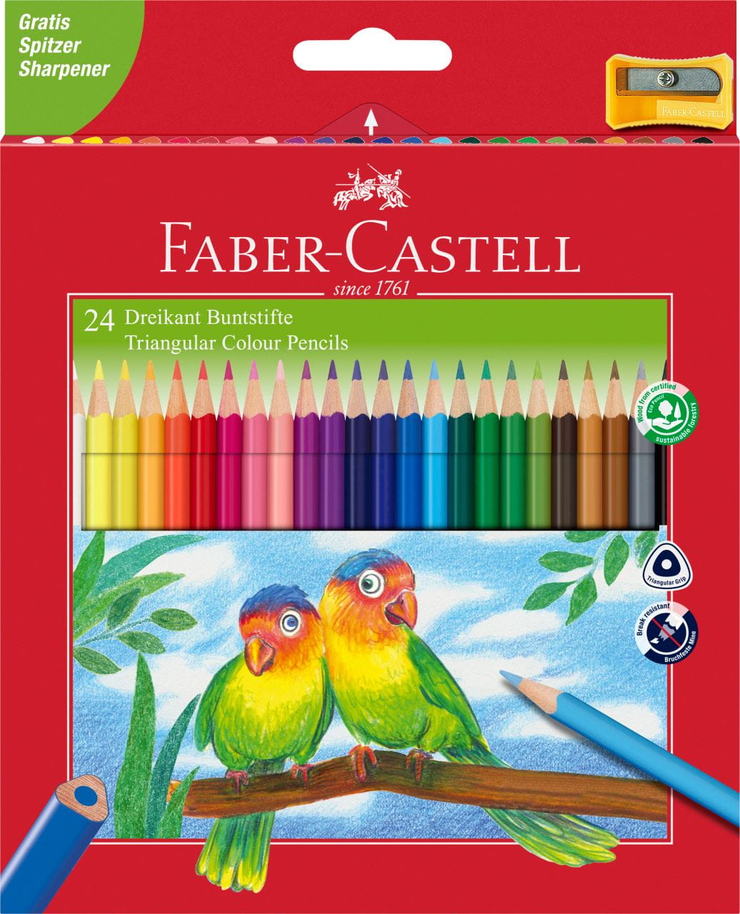 Faber-Castell - Triangular colour pencils, wallet of 24 with sharpener