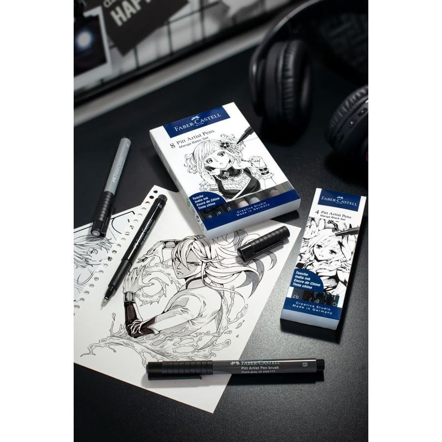 Pitt Artist Pen India ink pen, wallet of 8, Manga Basic set