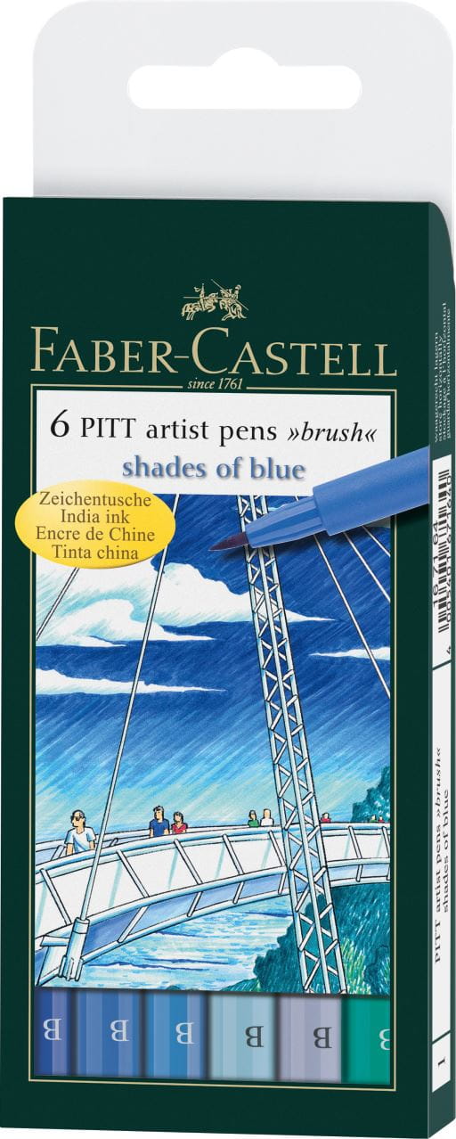Faber-Castell - Pitt Artist Pen Brush India ink pen, wallet of 6, Blues