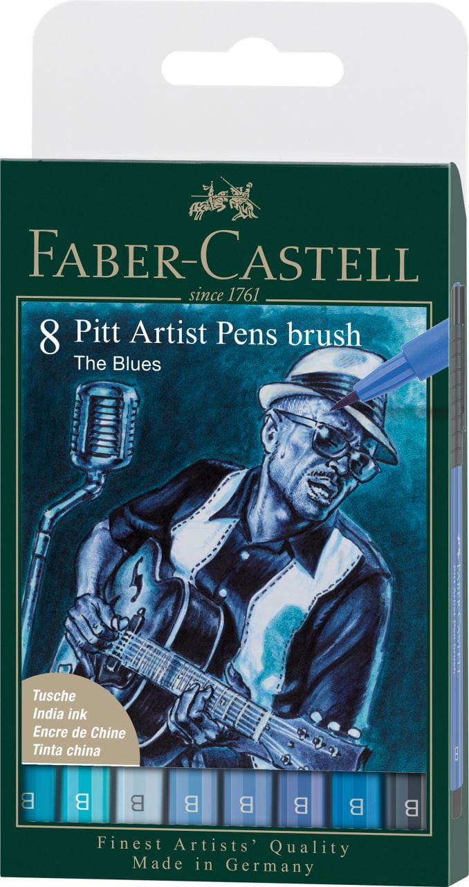 Faber-Castell - Pitt Artist Pen Brush India ink pen, wallet of 8, The Blues