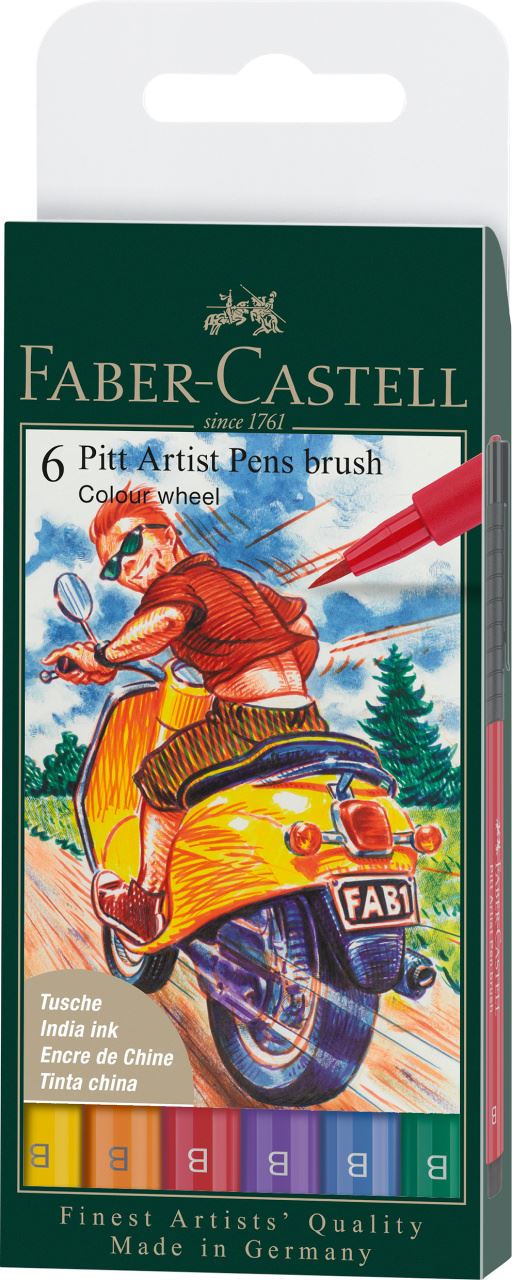 Faber-Castell - Pitt Artist Pen Brush India ink pen, wallet of 6, Col. wheel